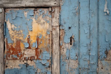 A close-up of a weathered wooden door with peeling paint