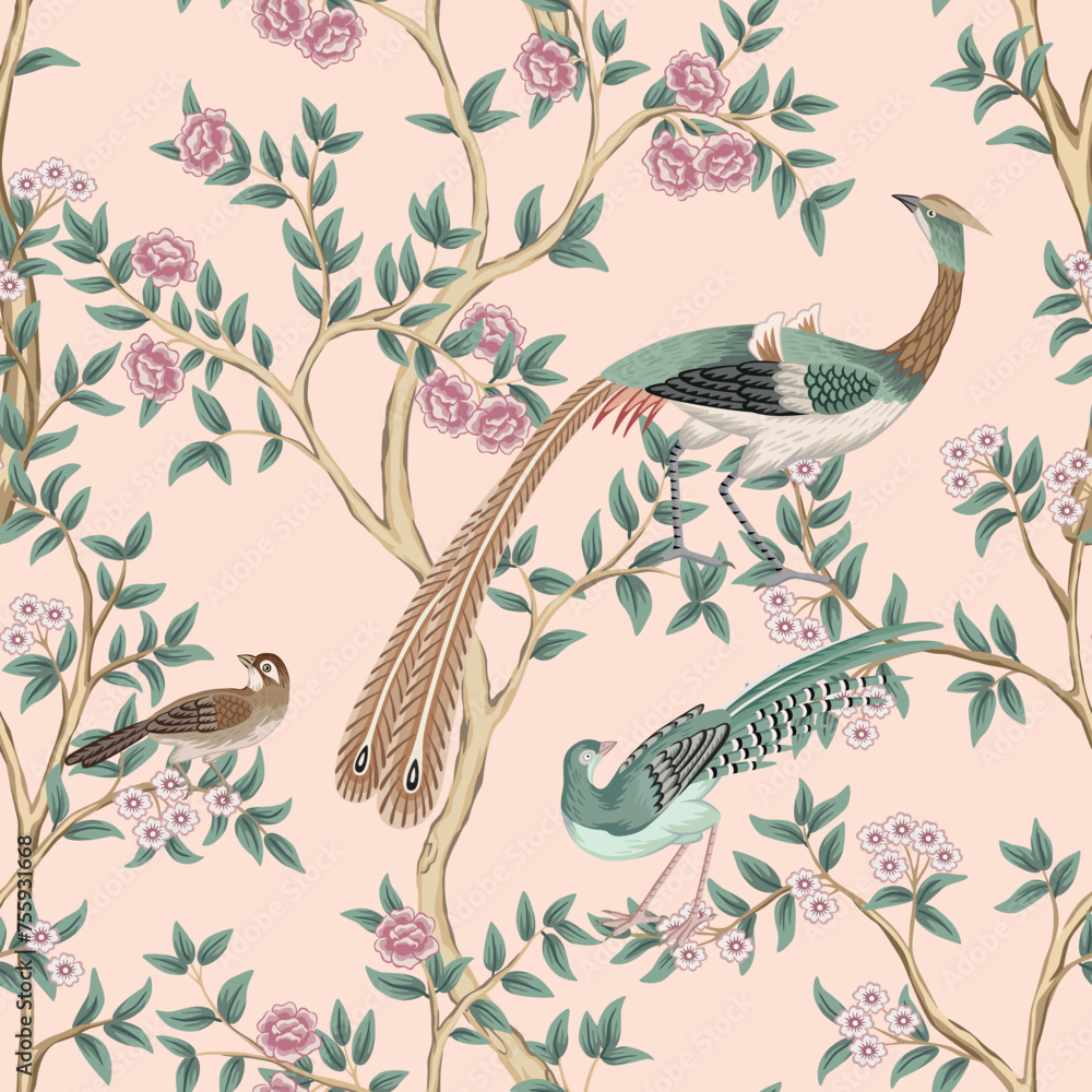 Wall mural Vintage botanical rose garden tree, Chinese birds floral seamless pattern. Exotic chinoiserie wallpaper