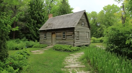 Fototapeta premium Retro traditional wooden cabin of historic place site. AI generated image