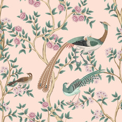 Vintage botanical rose garden tree, Chinese birds floral seamless pattern. Exotic chinoiserie wallpaper