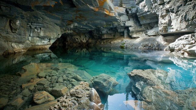 Beautiful cave basin with clear water lake landscape. AI generated image