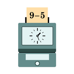 9 to 5 working time - time card and clock measuring hours spent in job, work, employment and occupation by employee and worker. Vector illustration isolated on white.