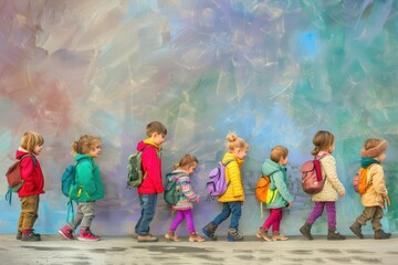 Naklejka premium family home kids standing in line of children on sidewalk with backpacks