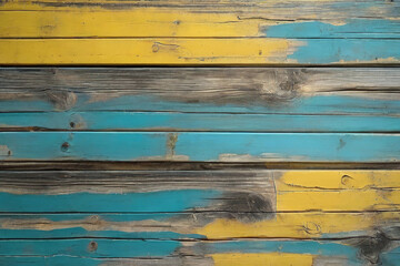 yellow and turquoise and brown and black and old used dirty outdoor weathered wood wall wooden plank board texture background 