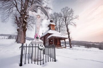 Winter in the village Jalova, The wooden Greek Catholic Church of St. George	