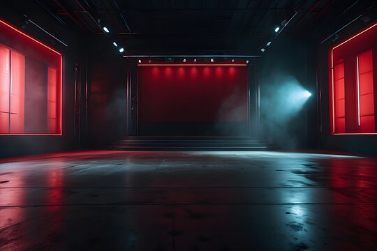 Dark stage with red background design, empty scene, neon lights, spotlights, concrete floor, and smoke for product display design.