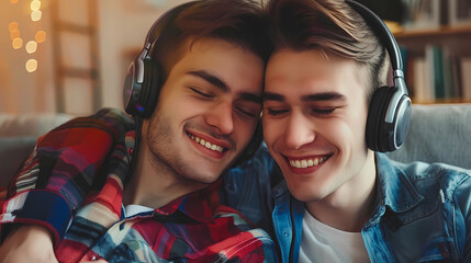 Handsome young guys in headphones listen to music together. - obrazy, fototapety, plakaty