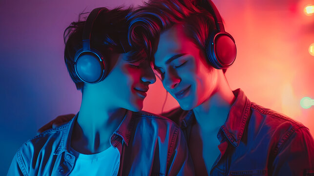 Handsome young guys in headphones listen to music together.