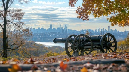 A historical cannon in the forest or park in Autumn background. AI generated image