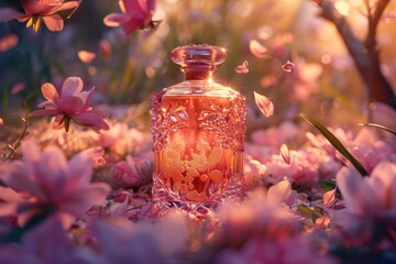 A perfume bottle surrounded by pink flowers and hearts, evoking a sense of magic and love.