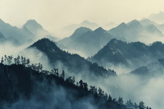 picture of beautiful mountains in a fog.