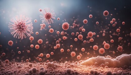 3D Render of Floating Viruses in Atmospheric Haze: An artistic representation of virus particles suspended in a hazy environment, highlighted by soft lighting - obrazy, fototapety, plakaty