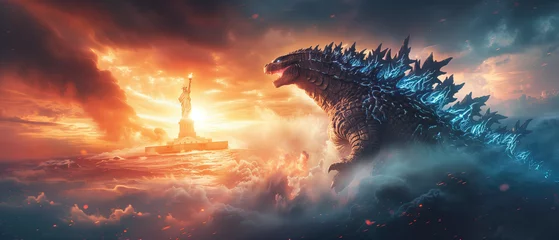 Fotobehang Godzilla king, godzilla walking, godzilla in a sunset, godzilla scream © Alex Marinho