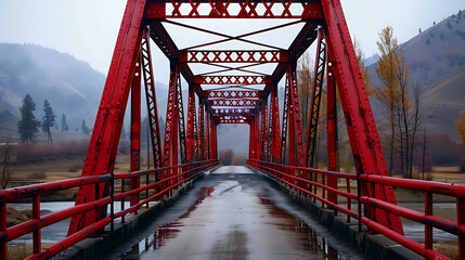 Picture of red arch steel truss bridge  - obrazy, fototapety, plakaty