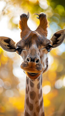 Curious Giraffe Peering With Amusement Against a Blurred Autumn Background. AI.