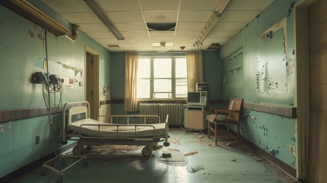 Neglected hospital room with bed and outdated devices - Light streams through a window into an abandoned hospital room, highlighting a solitary bed and discarded medical equipment