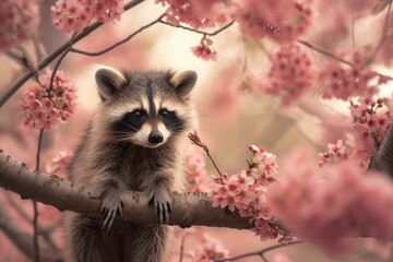 Adorable raccoon in forest. Charming cute raccoon in blooming season. Generate ai - obrazy, fototapety, plakaty