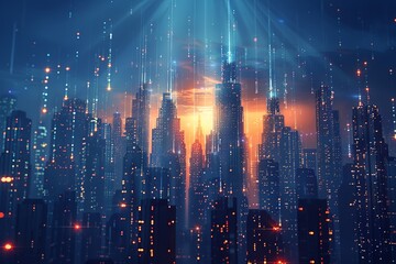 Sleek and towering skyscrapers of a futuristic smart city are beautifully aglow under the warm rays of the sun, set against a deep blue sky, symbolizing innovation - obrazy, fototapety, plakaty