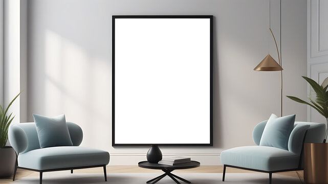 Wall art, huge blank poster mock up, framed picture, artwork mockup in modern living room
