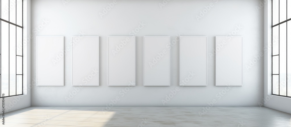 Poster a room with a rectangular shape, white walls, and numerous windows. the ceiling is made of wood. the