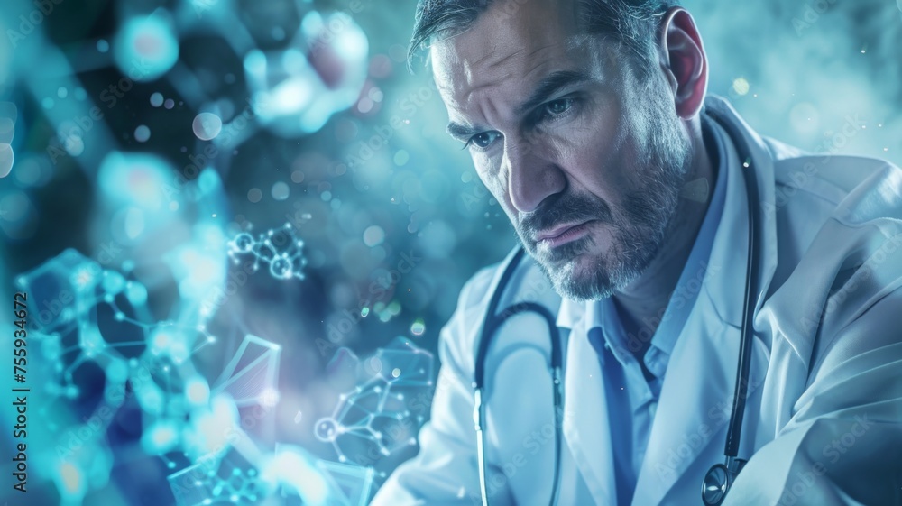 Poster scientist with digital molecular graphics - a scientist in a lab coat is analyzing molecular structu
