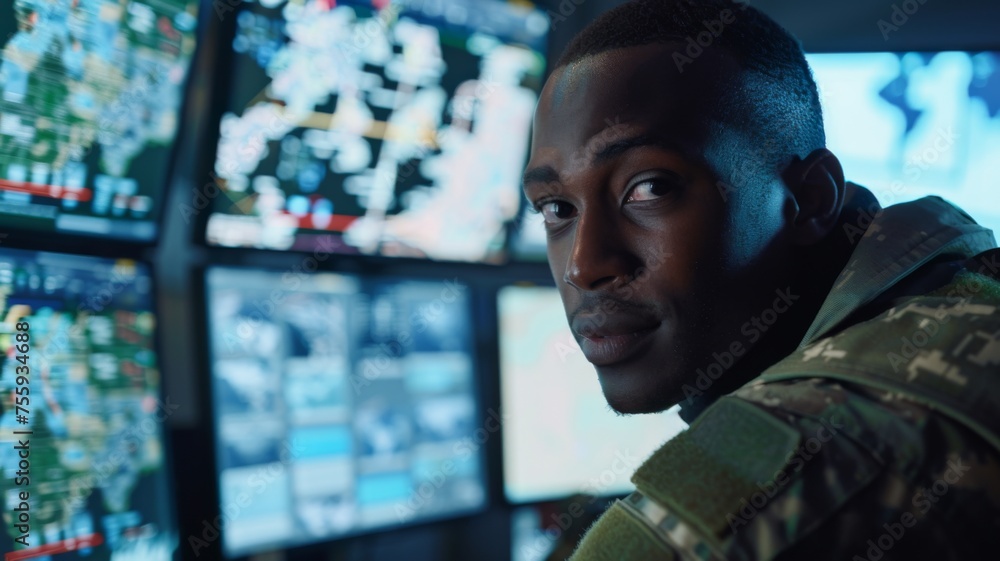 Poster soldier analyzing data on high-tech screens - close-up of a military operative's back as he observes