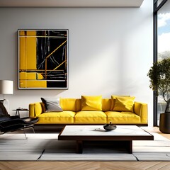 modern living room with yellow sofa