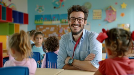 Smiling teacher in a colorful classroom - Joyful male teacher crossing arms in a vibrant kindergarten classroom