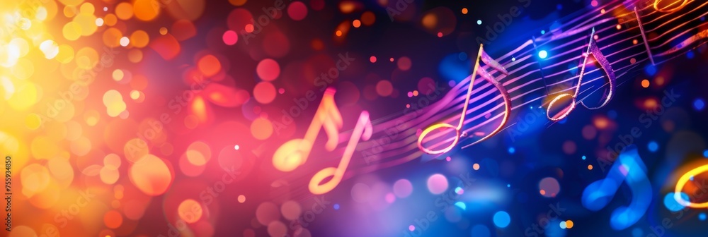 Poster vivid music notes and abstract light swirls - lively image of music notes intertwined with abstract 