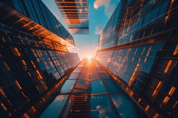 Sleek and towering skyscrapers of a futuristic smart city are beautifully aglow under the warm rays of the sun, set against a deep blue sky, symbolizing innovation - obrazy, fototapety, plakaty