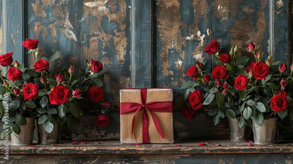Poster array of colorful flowers neatly displayed on a shelf as a festive gift production scene.