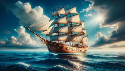 Fototapeten vintage sail bay boat military vessel pirate sailing wooden ship clipper weather wind galleon stormy waves boating ancient frigate sailboat retro historic warship old hull navy water ocean sea © DrewTraveler