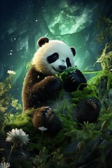 Obraz premium A panda bear is seated atop a vibrant green field, showcasing its iconic black and white fur. The peaceful animal appears to be enjoying its surroundings, possibly munching on bamboo