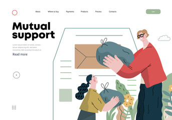 Mutual Support Giving clothes to donation bins -modern flat vector concept illustration of people placing bags of clothes into drop-off box A metaphor of voluntary, collaborative exchanges of resource
