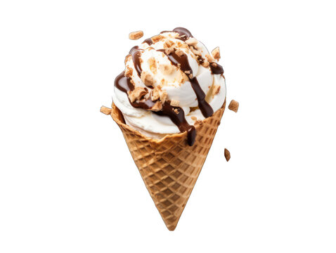 Vanilla ice cream with chocolate sauce in a cown isolated on transparent background, transparency image, removed background