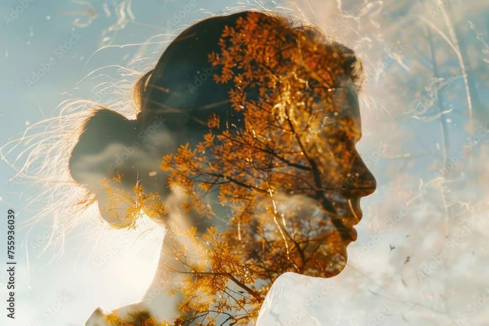 Poster close-up of a woman's face with a tree in the background, suitable for various projects.