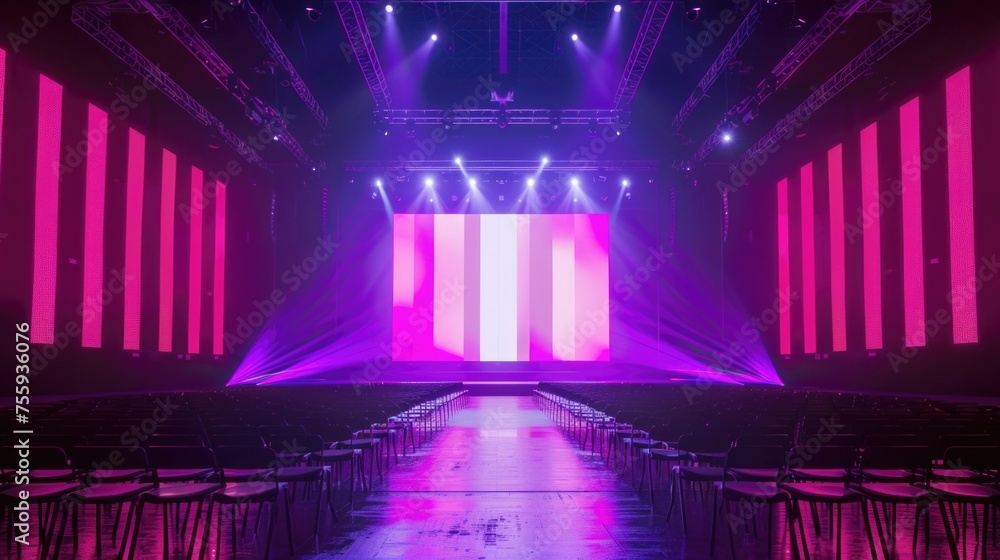 Poster A stage with a large screen and rows of chairs. Ideal for presentations and conferences.
