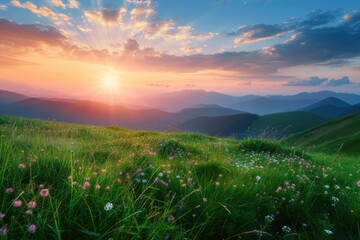 Scenic sunset over mountains with colorful flowers in foreground. Suitable for nature and landscape...