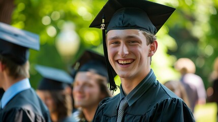 A happy and smiling young man celebrates his graduation day, radiating pride and accomplishment as he holds his diploma