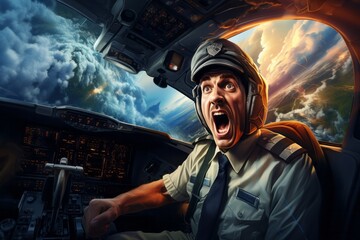 Fototapeta premium An airplane captain is captured in the cockpit, looking shocked with his mouth wide open as if experiencing an unexpected event