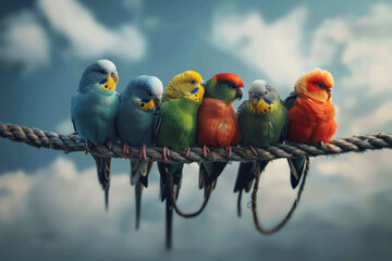 Colorful parrots perched together on a rope, symbolizing unity and teamwork. Perfect for motivational posters, team-building materials, or solidarity campaigns - obrazy, fototapety, plakaty