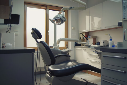 Professional dentist's chair in a contemporary clinic environment. Ideal for dental equipment catalogs, healthcare facility brochures, or dental office advertisements.
