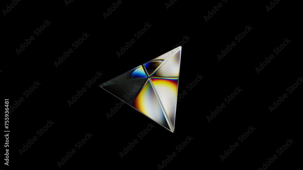 Poster 3d transparent rotating glossy pyramid with dispersion effect. rainbow colors reflection glass. 3d r