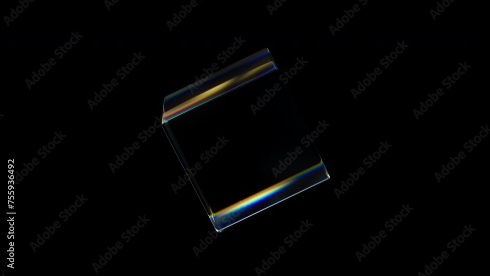 Poster 3d transparent rotating glossy cube with dispersion effect. rainbow colors reflection glass. 3d rend