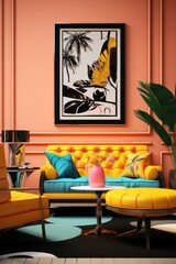 A living room filled with a variety of vintage furniture, including Art Deco pieces, with a painting displayed prominently on the wall