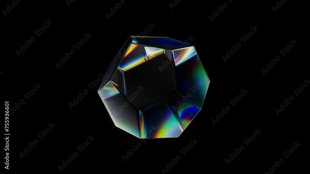 Aufkleber 3d transparent rotating glossy geometric object with dispersion effect. rainbow colors reflection gl