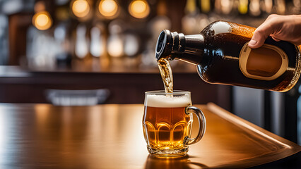 Amber Beer Pouring Into A Mug From A Dark Bottle Held By A Hand With Bokeh Lights In Background. - obrazy, fototapety, plakaty