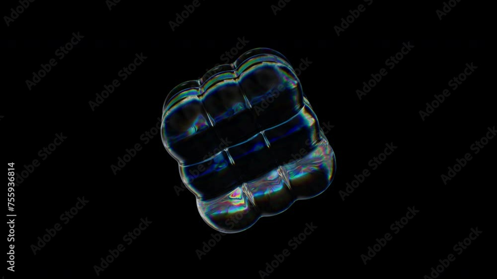 Poster 3d transparent rotating glossy meta cube with dispersion effect. rainbow colors reflection glass. 3d