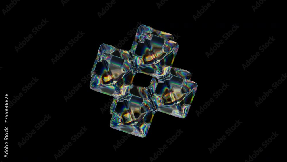 Poster 3d transparent rotating glossy meta cube with dispersion effect. rainbow colors reflection glass. 3d