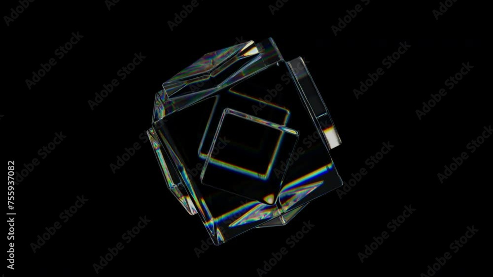 Aufkleber 3d transparent rotating glossy cube with dispersion effect. rainbow colors reflection glass. 3d rend